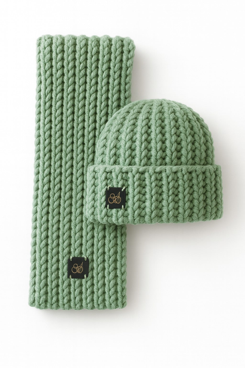 Admay Sage Mist crochet beanie and scarf set, double-yarn handmade texture offering elegant warmth and handcrafted luxury feel.