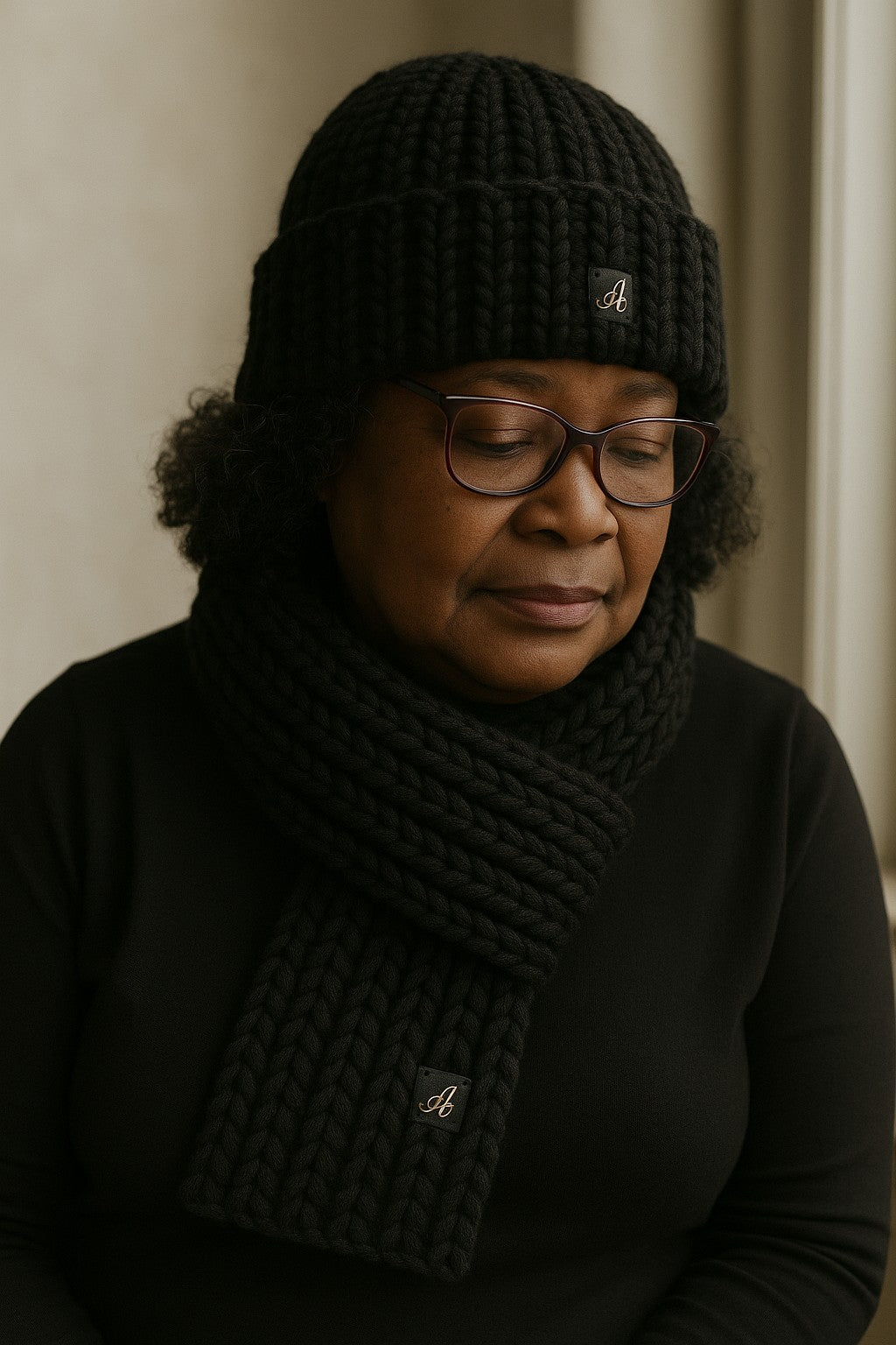 Person wearing Admay’s Classic Black chunky crochet beanie and matching scarf set, featuring thick double-yarn texture and signature faux-leather monogram tags — showcasing handmade luxury and warmth.