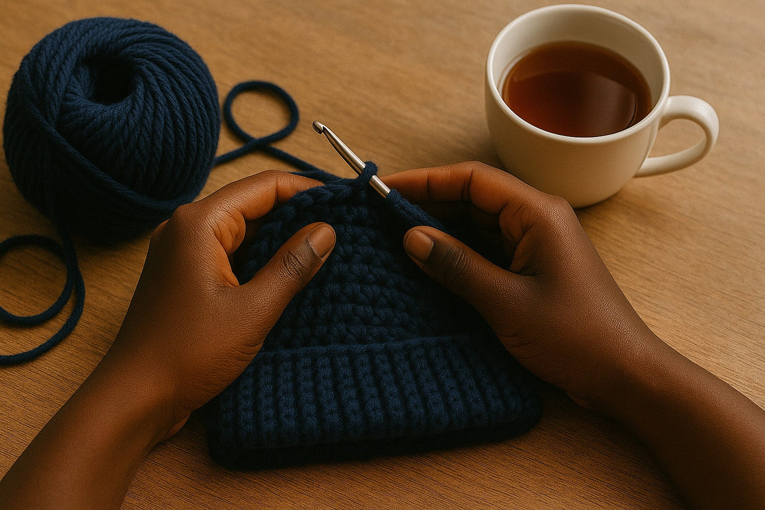 Hands crocheting a chunky navy blue beanie with thick double-yarn texture beside a yarn ball and cup of tea — showcasing Admay’s handmade craftsmanship and warmth