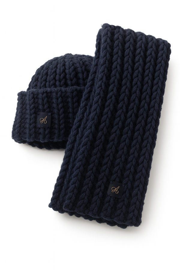 Hand-crocheted Admay beanie and scarf set in Navy Blue, chunky double-yarn for luxurious warmth and timeless handmade style.