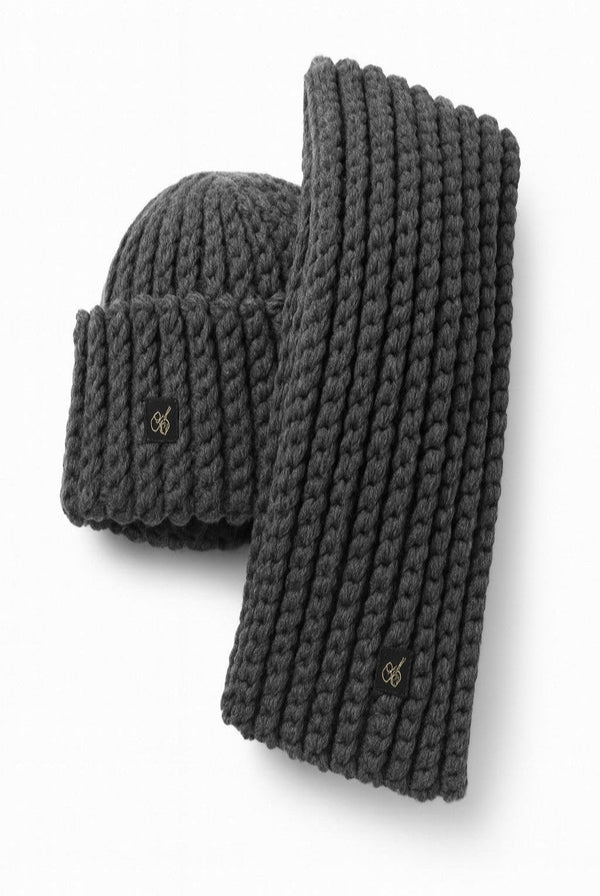 Admay Charcoal Gray double-yarn handmade beanie and scarf set, chunky crochet texture offering enduring warmth and understated luxury.