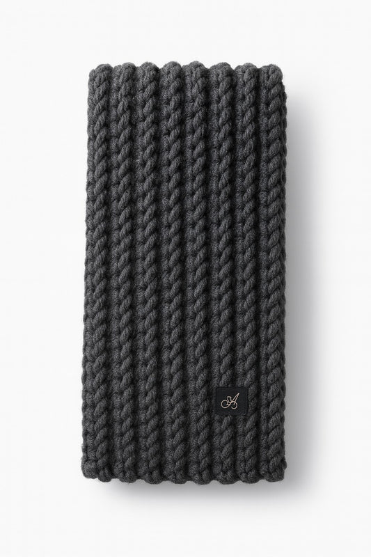 Admay Charcoal Gray handmade crochet scarf with double-yarn craftsmanship, enduring warmth, and timeless handmade design.