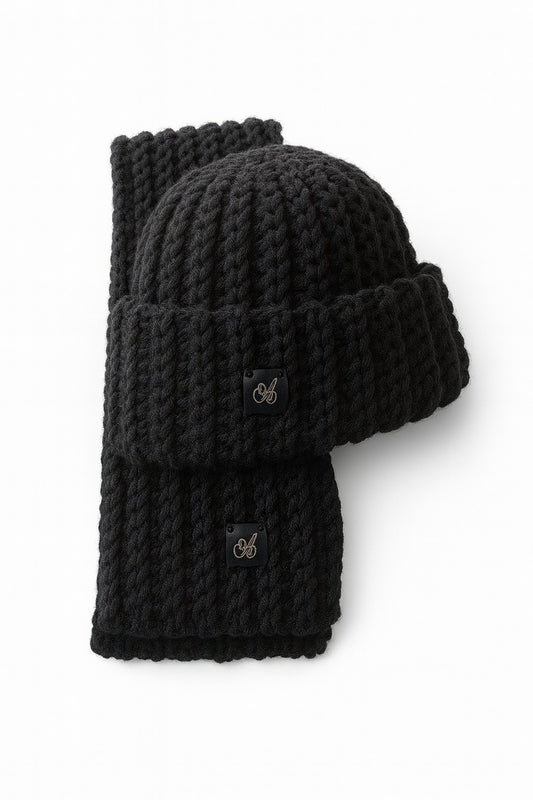 Luxury handmade crochet beanie and scarf set in Classic Black, chunky double-yarn texture with soft handcrafted warmth and classic comfort by Admay.