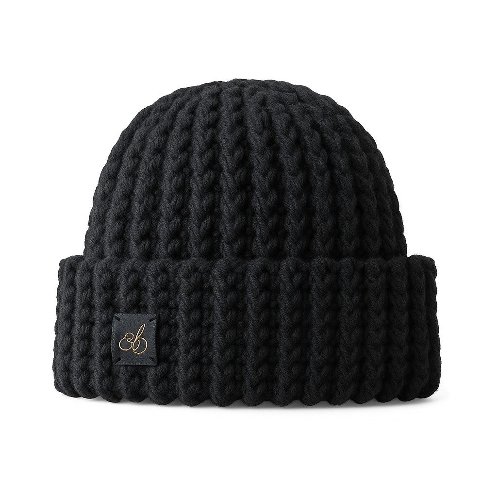 Admay Classic Black handmade crochet beanie, chunky double-yarn texture, handcrafted luxury warmth, classic handmade comfort.