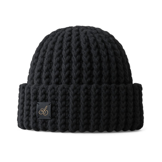 Admay Classic Black handmade crochet beanie, chunky double-yarn texture, handcrafted luxury warmth, classic handmade comfort.