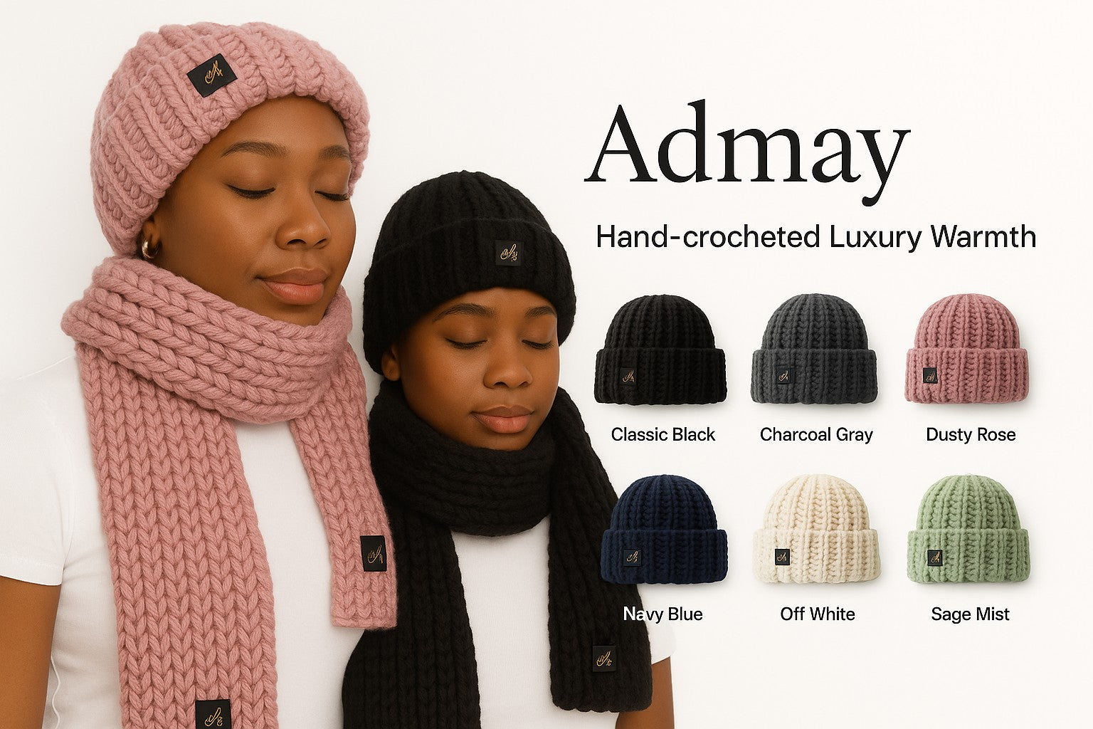 Two women wearing handmade crochet beanie and scarf sets by Admay — one in Dusty Rose and one in Classic Black — with eyes closed, showing the soft, cozy texture of the yarn. On the right, six crochet beanies are displayed in Admay’s signature colors: Classic Black, Charcoal Gray, Dusty Rose, Navy Blue, Off White, and Sage Mist. Text reads “Admay — Hand-crocheted Luxury Warmth.”