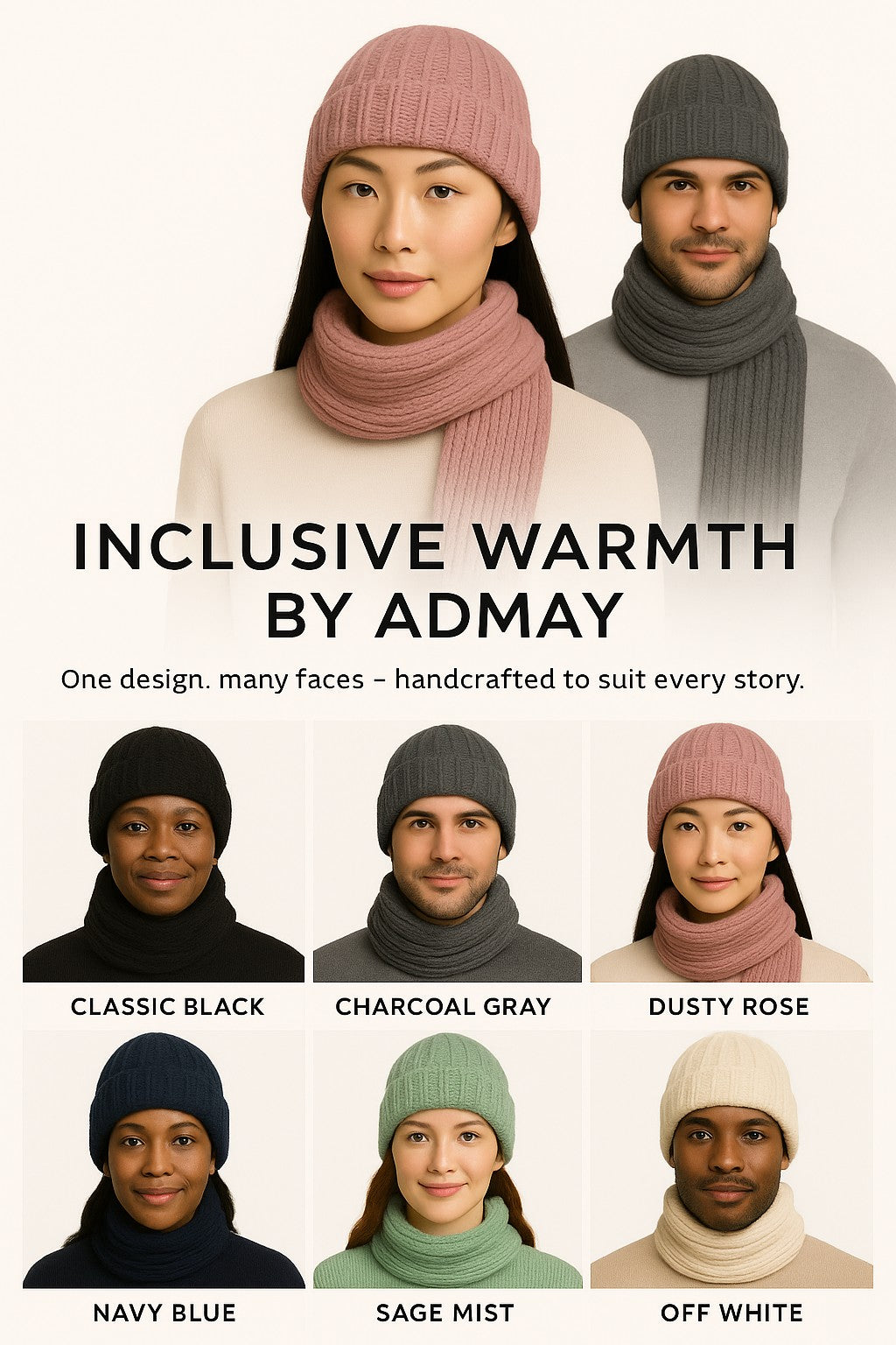 Admay Inclusive Warmth banner – showcasing diverse models wearing handmade crochet beanies and scarves, reflecting Admay’s handcrafted luxury and inclusive warmth
