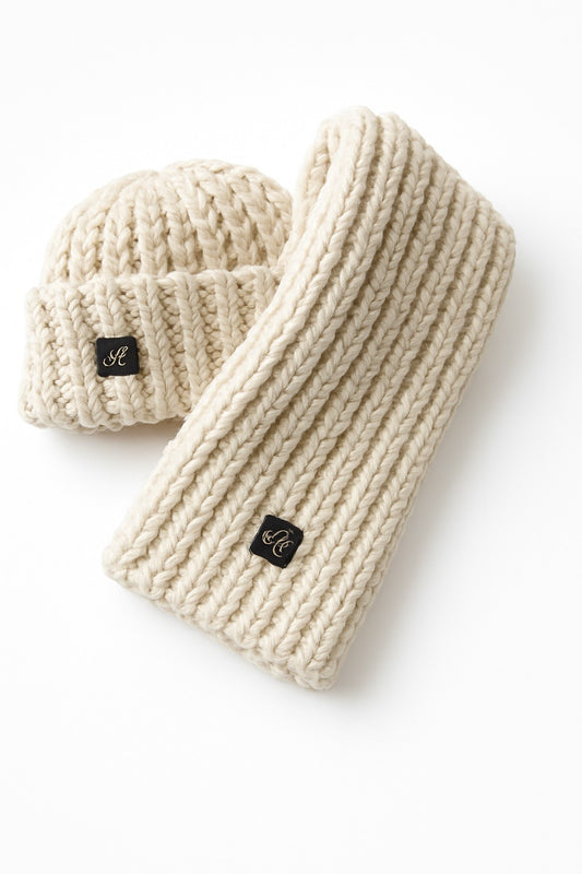 Minimalist handmade crochet beanie and scarf set in Off-White, Admay double-yarn craftsmanship with soft luxury warmth and modern design.