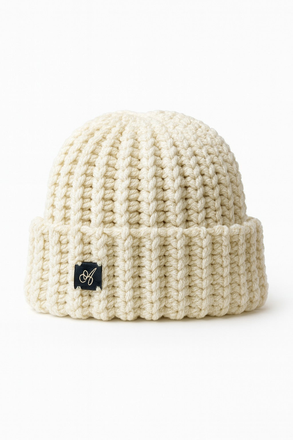 Admay Off-White handmade crochet beanie with double-yarn texture for minimalist handmade design and luxury warmth.