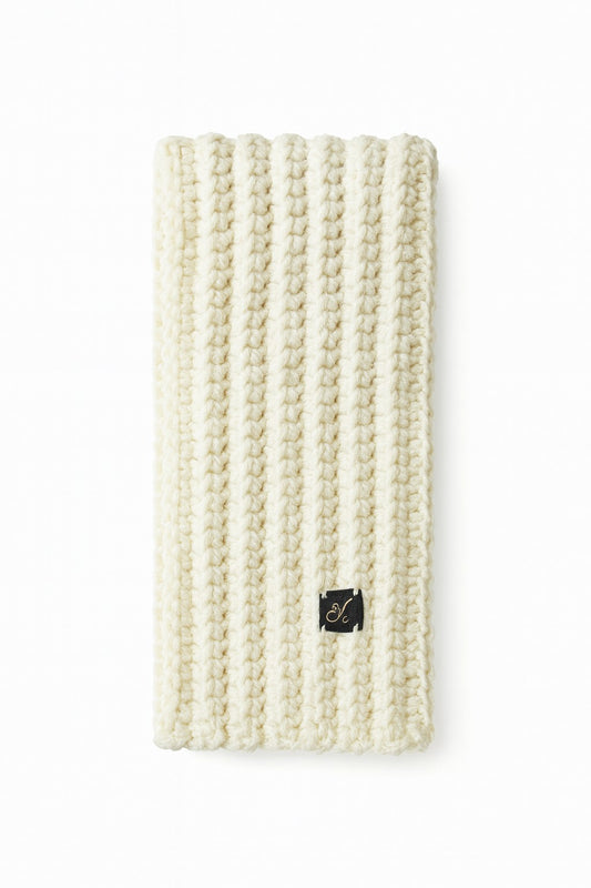 Admay Off-White handmade crochet scarf with double-yarn texture, minimalist handmade design, and luxury warmth.