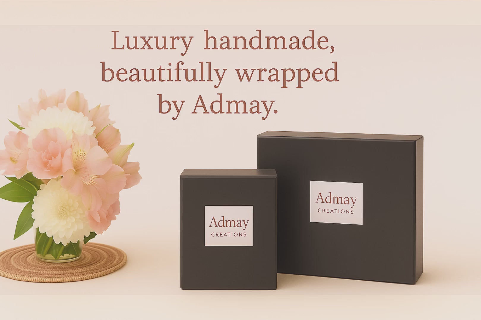 Load video: Luxury packaging presentation of Admay handmade crochet beanie and scarf set — carefully wrapped in black tissue inside an elegant box, sealed with the Admay monogram and Dusty Rose accent for a premium unboxing experience.
